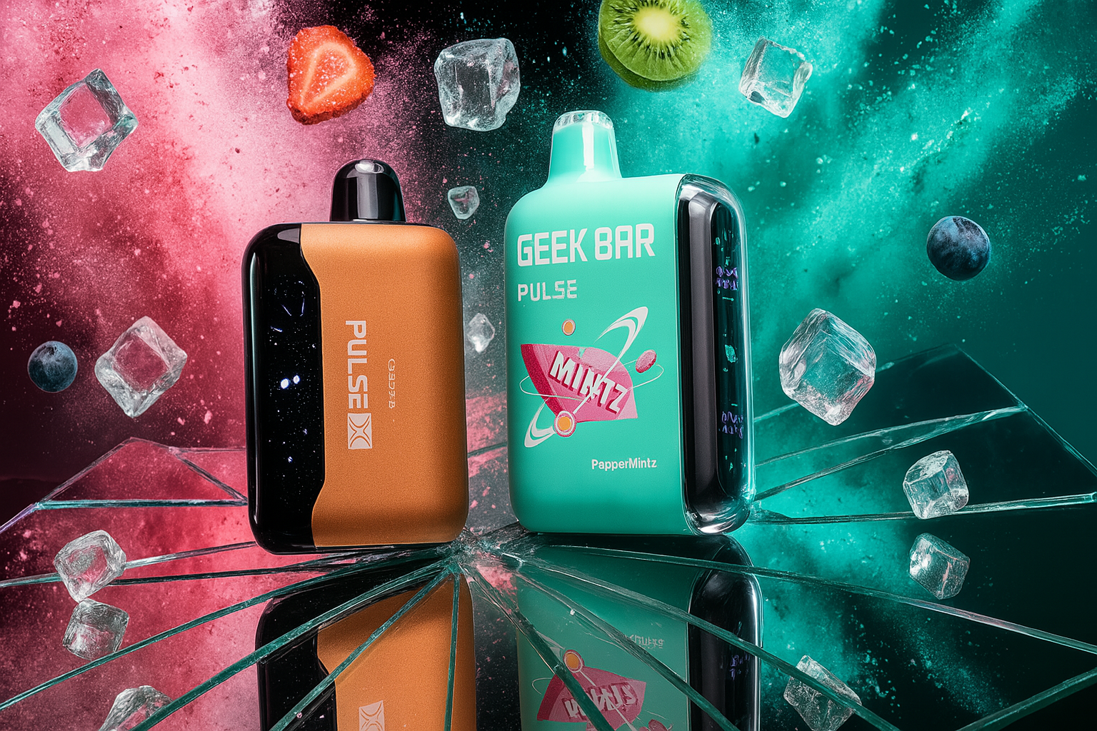 An eye-level shot shows two modern, stylized vape devices. The one on the left is a metallic brown and black, and the one on the right is a mint green. They are placed on a reflective, shattered surface, surrounded by floating fruit slices, ice cubes, and a vibrant backdrop of pink and teal powder, creating a dynamic, energetic scene.