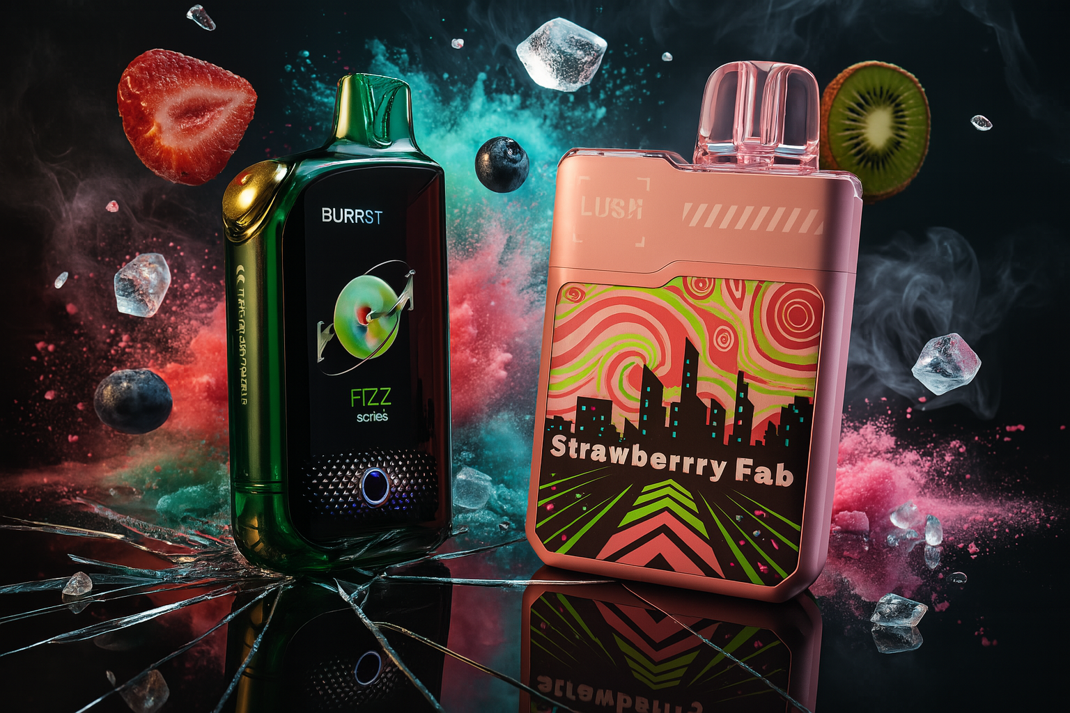 A striking product photo features two vape devices, one dark green and black, and the other light pink with a colorful cityscape design. They are placed on a reflective, shattered surface, surrounded by floating strawberries, kiwi, blueberries, ice cubes, and wisps of smoke. The dynamic composition and vibrant elements suggest a fresh and flavorful experience.