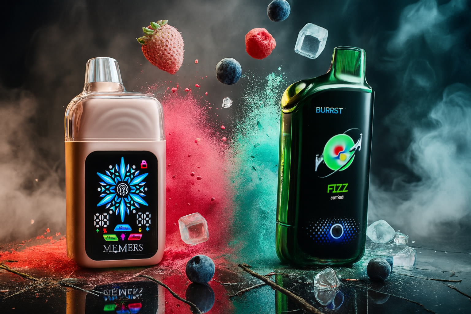 A product photograph featuring two vape devices on a dark, reflective surface. The background is split with a cloud of vibrant red powder on the left and a turquoise cloud on the right, with smoke or vapor blending the two. Floating in the air are strawberries, blueberries, and scattered ice cubes.