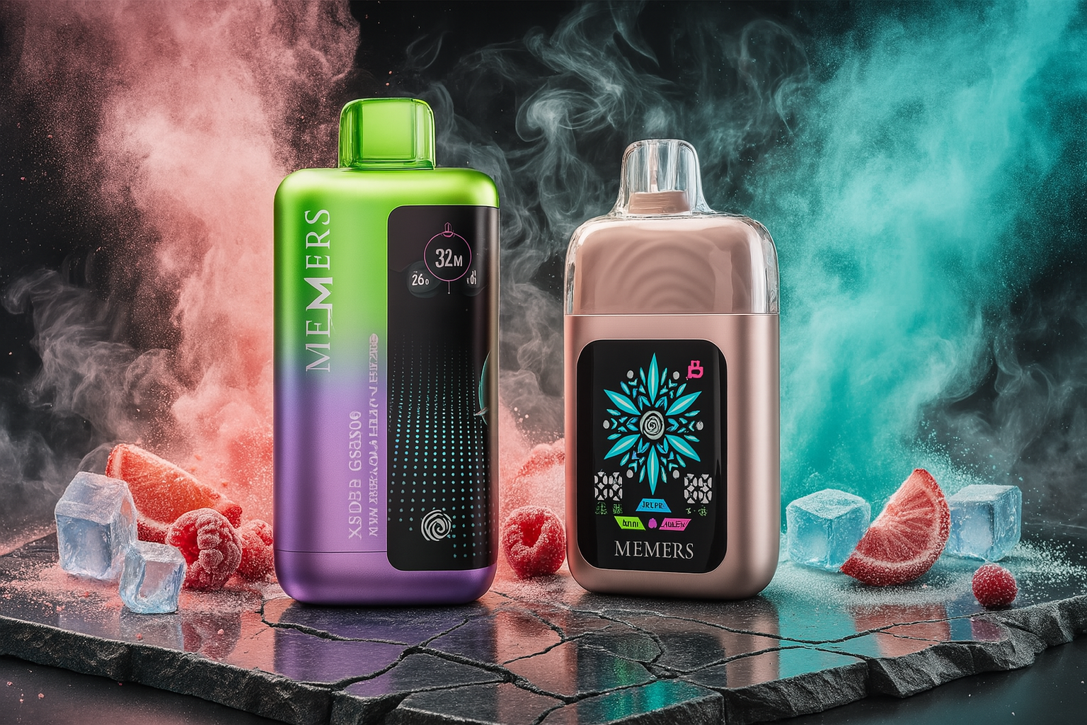 A dynamic promotional image featuring two vape devices on a dark, rocky surface. The background is a dramatic mix of red and turquoise smoke or powder clouds. The products are surrounded by ice cubes, raspberries, and slices of grapefruit or orange.