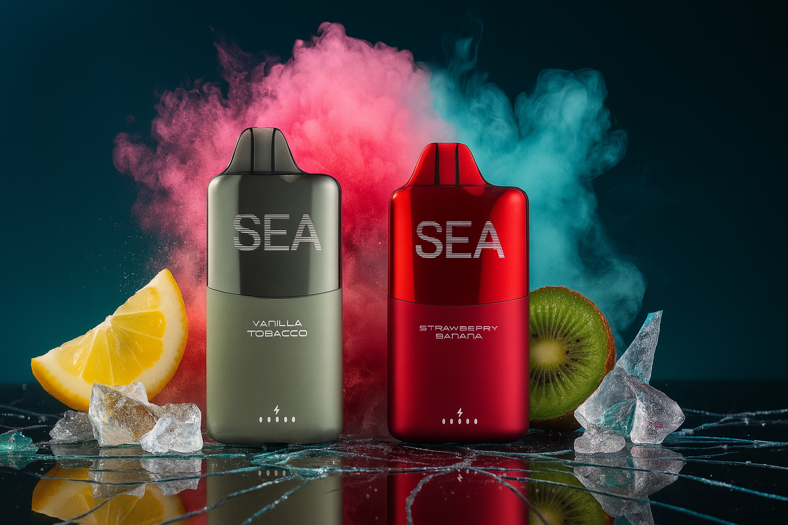 A dynamic product photo displays two vape devices, one gray-green and the other red, standing on a cracked, reflective surface. The background is a mix of swirling pink and teal powder and smoke. Surrounding the devices are a lemon slice, a kiwi slice, and ice shards, suggesting different flavors.