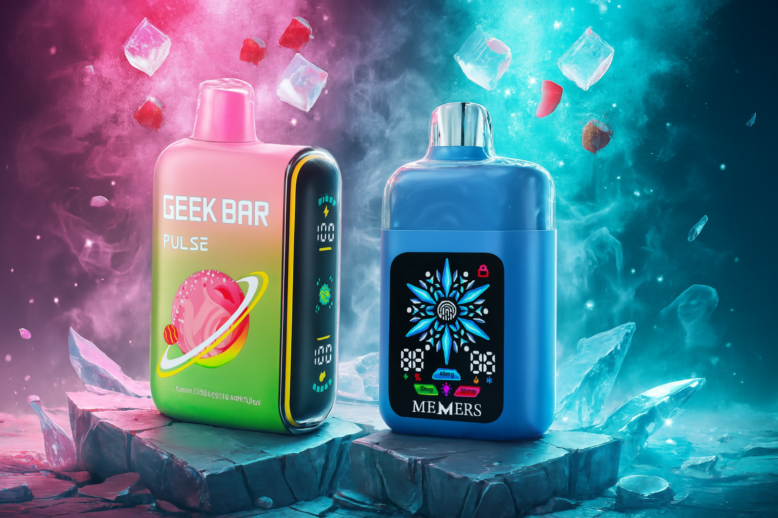 A striking product shot showcases two vape devices resting on jagged rock formations. One device has a green and pink gradient with a planet design, while the other is solid blue. The background is filled with swirling pink and teal smoke, with floating ice cubes and pieces of fruit.