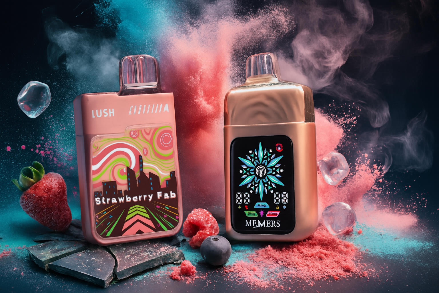 A dramatic product shot of two vape devices on a dark, textured surface with spilled pink powder. The background is a mix of red and turquoise smoke or powder clouds. The devices are surrounded by a strawberry, a blueberry, a raspberry, ice cubes, and a few pieces of broken chocolate.