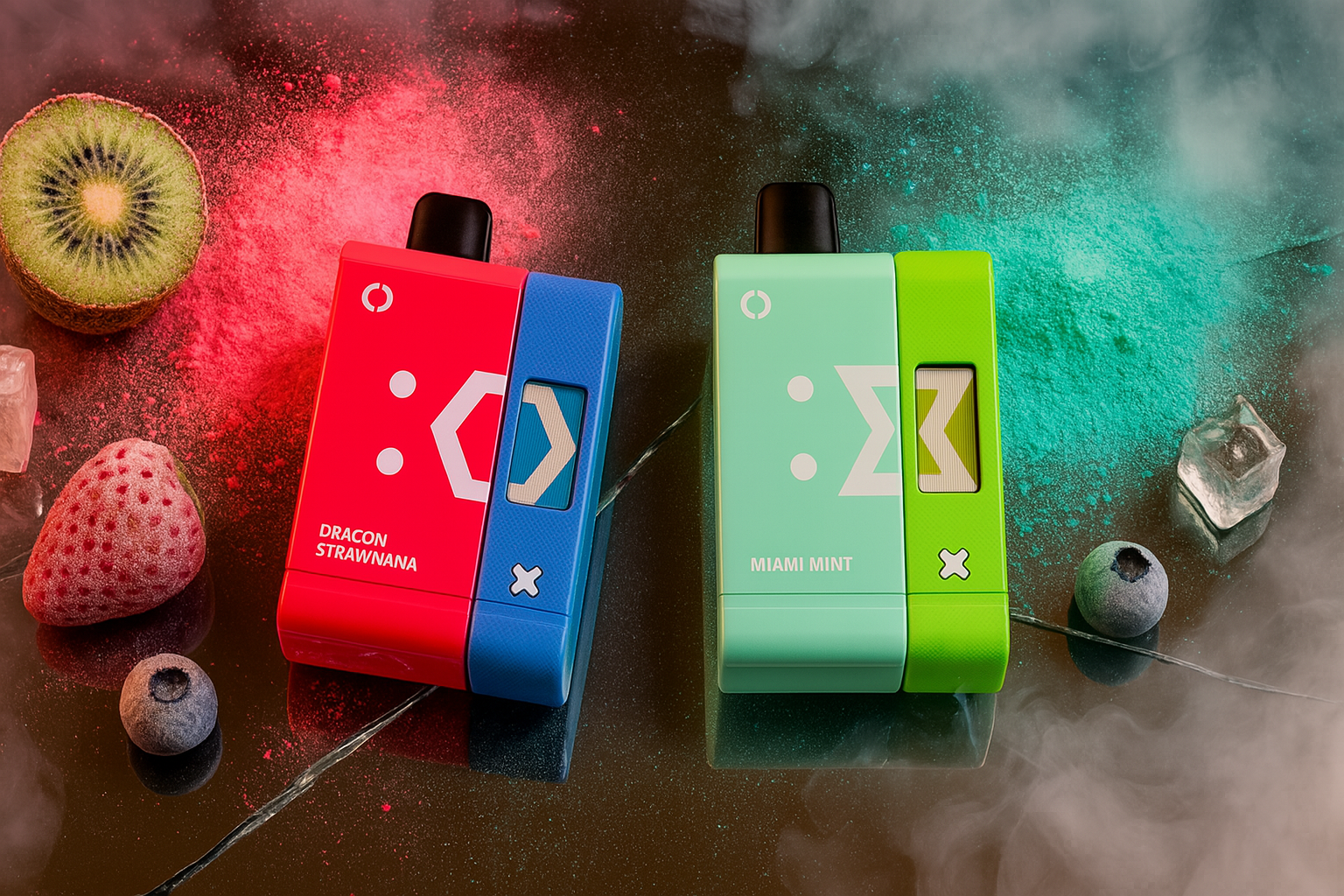 A striking product photo presents two rectangular vape devices. One is red and blue, and the other is light green and mint. They are set on a reflective surface surrounded by colorful powder, smoke, ice cubes, a kiwi slice, a strawberry, and blueberries. The vibrant composition highlights the flavors suggested by the fruit.